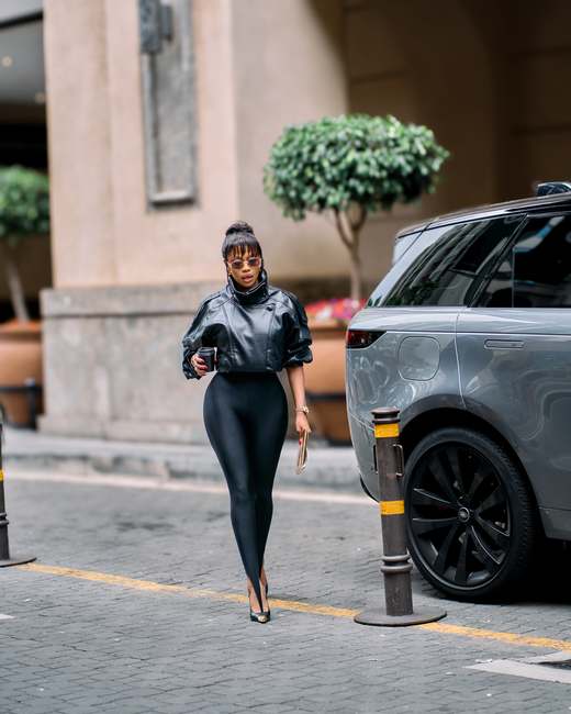 Ratile Mabitsela in a black leather jacket, most trending look of 2026